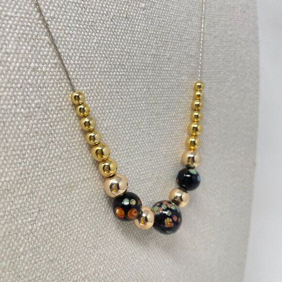 Murano Glass Millefiori Bead Necklace Long Black Gold-Tone Dainty Simple Minimal - Picture 5 of 9
